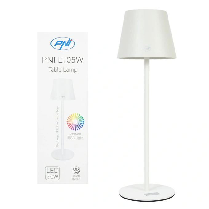 Lampă de masă PNI LT05W cu LED 3W, 200 lumeni, 1800 mAh, USB-C, RGB, buton tactil, dimabil, alb - Imagine 1