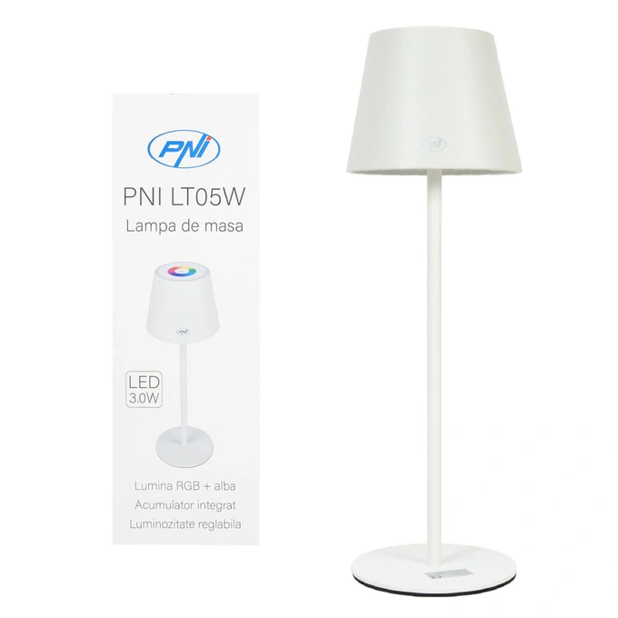 PNI Lampă de masă PNI LT05W cu LED 3W, 200 lumeni, 1800 mAh, USB-C, RGB, buton tactil, dimabil, alb - IT-Fashion.ro