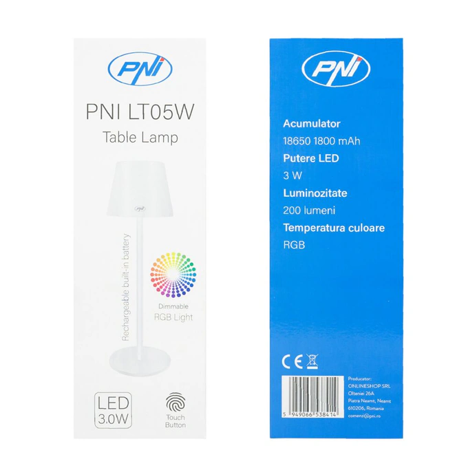 Lampă de masă PNI LT05W cu LED 3W, 200 lumeni, 1800 mAh, USB-C, RGB, buton tactil, dimabil, alb - Imagine 6
