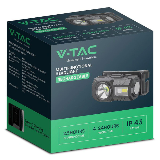 Lanterna de cap LED V-TAC SKU-23339, 3W, IP43, USB-C, Negru - Imagine 3