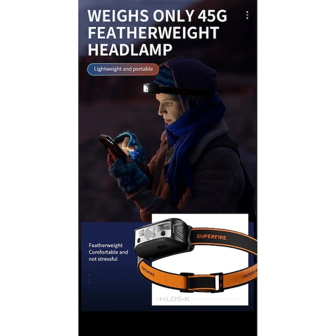 Superfire Lanterna de cap SUPERFIRE HL05-K, 120 lm, 100 m, Autonomie ~4h, 500 mAh, IP44, USB-C, negru - IT-Fashion.ro