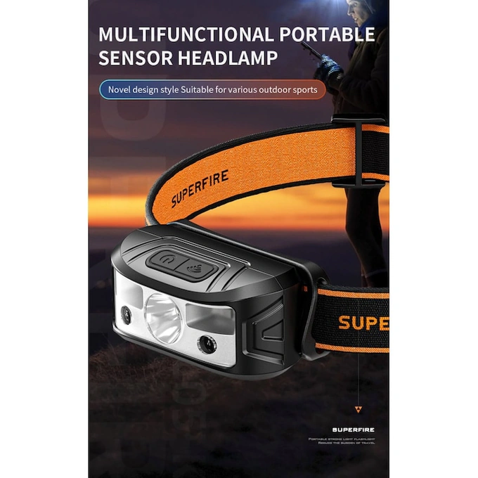 Lanterna de cap SUPERFIRE HL05-K, 120 lm, 100 m, Autonomie ~4h, 500 mAh, IP44, USB-C, negru - Imagine 4