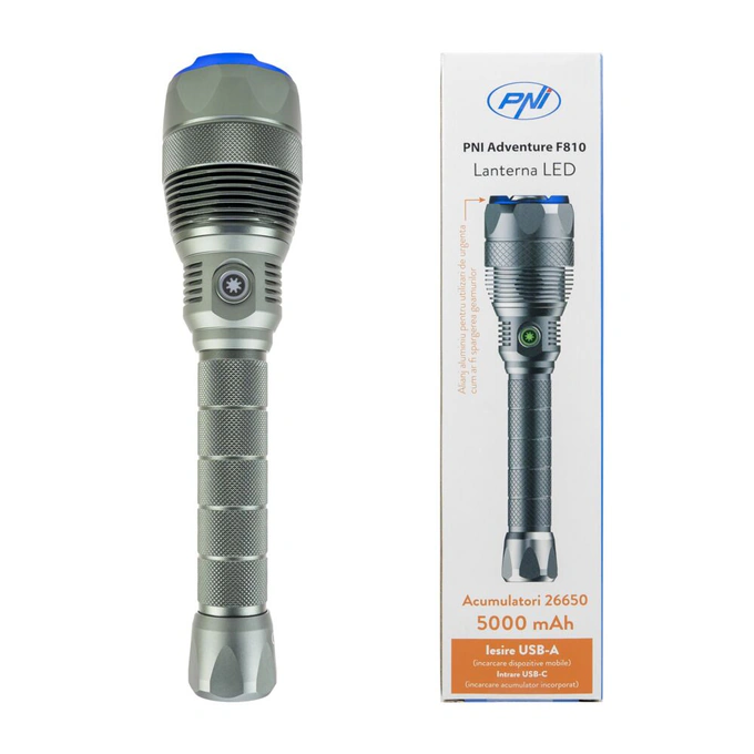 Lanternă profesională PNI Adventure F810 LED 12000lm, 138W, 5000mAh, functie PowerBank, IPX7, Turbo, ~250m, aluminiu - Imagine 1