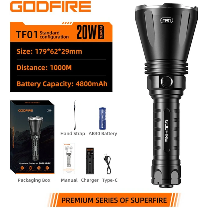 Lanterna SUPERFIRE Godfire TF01, 1371 lm, 20W, 4800 mAh,  IP55, USB-C, negru - Imagine 2