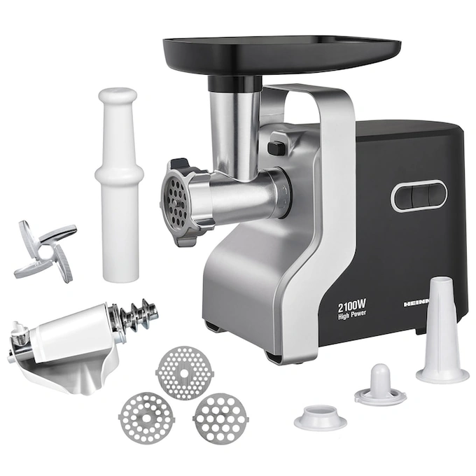 HEINNER Masina de tocat HEINNER MG-2100BKSL, 1.8 kg, 2100 W, 2 viteze, 3 site de taiere, Argintiu/Negru - IT-Fashion.ro