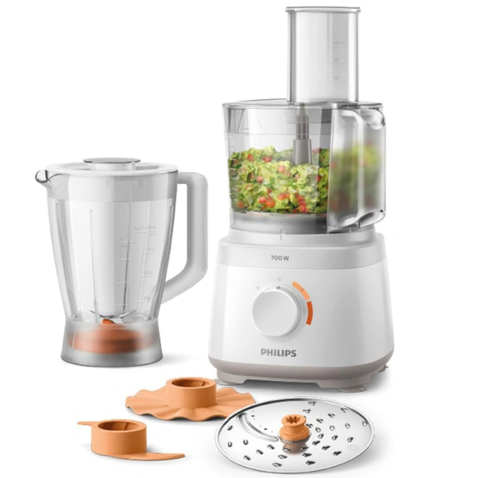 Robot de bucatarie Philips Daily Collection HR7320/00, 700 W, 2 viteze, bol 2.1 L, dispozitiv de emulsifiere, accesoriu de framantare, blender cu capacitate de 1 L, Alb - Imagine 1