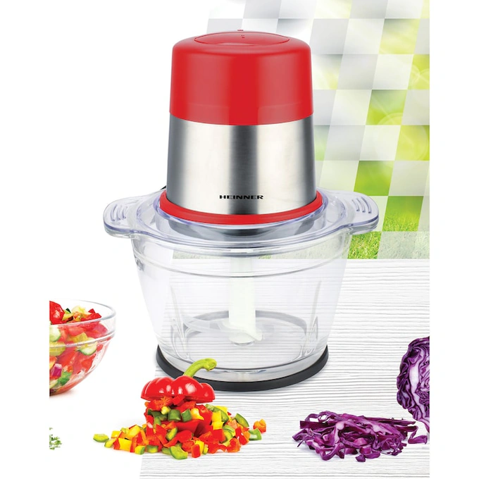 Tocator de legume Heinner Cayenne 1 HMC-D300RD, 300W, capacitate 1 L, bol din sticla, lame din inox, 2 viteze, Rosu - Imagine 3