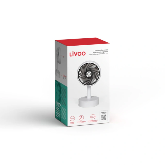 Mini ventilator de birou Livoo TEA310W, 1.5 W, 3 viteze, diametrul 7.5 cm, acumulator 500 mAh, autonomie 2h, alb - Imagine 5
