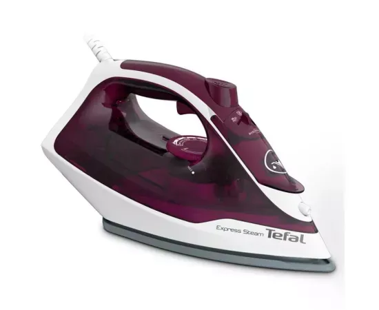 Fier de călcat cu abur Tefal Express Steam FV2835E0, 2400W, talpă ceramică Cerilium, jet abur 160 g/min, alb-visiniu - Imagine 1