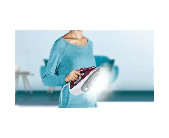 Fier de călcat cu abur Tefal Express Steam FV2835E0, 2400W, talpă ceramică Cerilium, jet abur 160 g/min, alb-visiniu - Imagine 4