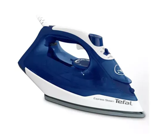 Fier de călcat cu abur Tefal Express Steam FV2838E0, 2400W, jet abur 180 g/min, abur variabil 0–40 g/min, talpă ceramică, 270 ml, alb/albastru - Imagine 1