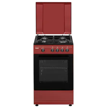 Aragaz pe gaz SAMUS SM566APGS, 4 arzătoare, cuptor pe gaz, 50 cm, capac metalic, finisaj Burgundy/Negru - Imagine 1