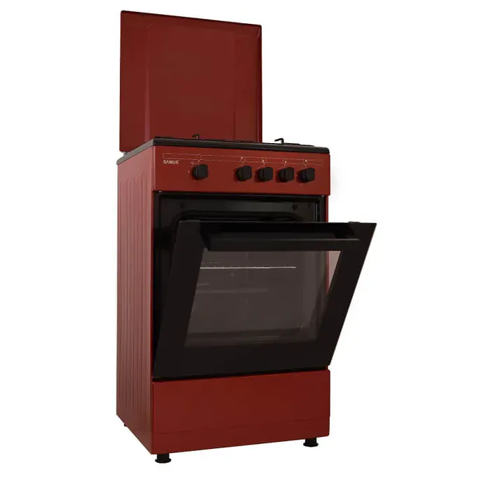 Aragaz pe gaz SAMUS SM566APGS, 4 arzătoare, cuptor pe gaz, 50 cm, capac metalic, finisaj Burgundy/Negru - Imagine 2
