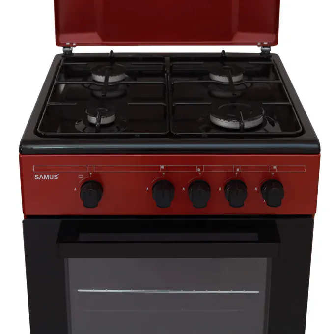 Aragaz pe gaz SAMUS SM566APGS, 4 arzătoare, cuptor pe gaz, 50 cm, capac metalic, finisaj Burgundy/Negru - Imagine 4