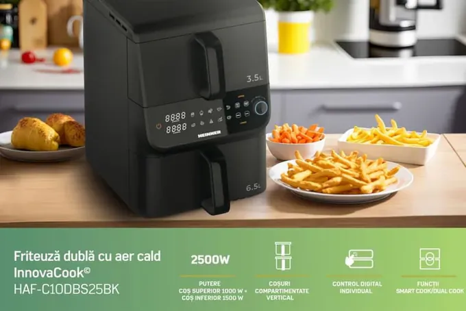 Friteuza cu aer cald dublu etajera HEINNER HAF-C10DBS25BK, 2500 W (1000+1500W), 10L (3.5+6.5L), Negru - Imagine 7