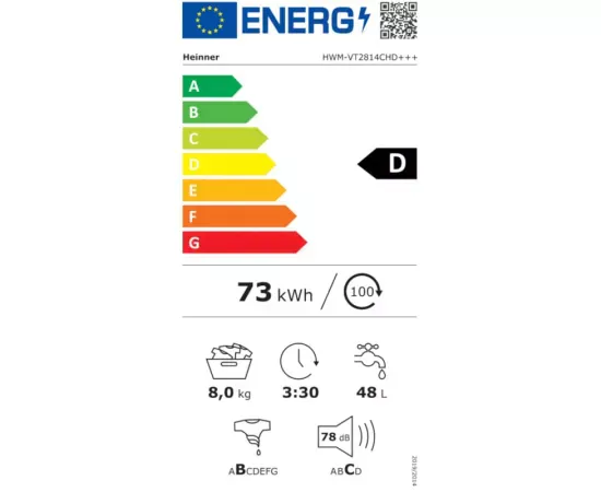 HEINNER Masina de spalat rufe frontala HEINNER HWM-VT2814CHD+++, 8 kg, 1400 RPM, Clasa D, Alb - IT-Fashion.ro