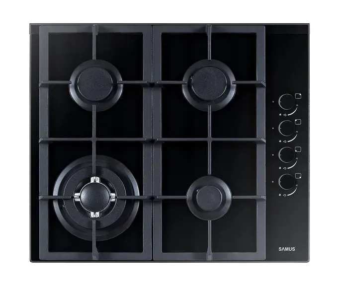 Plita incorporabila pe gaz SAMUS PSG-64SG4, 4 arzătoare, sticlă neagră, grătare fontă - Imagine 1