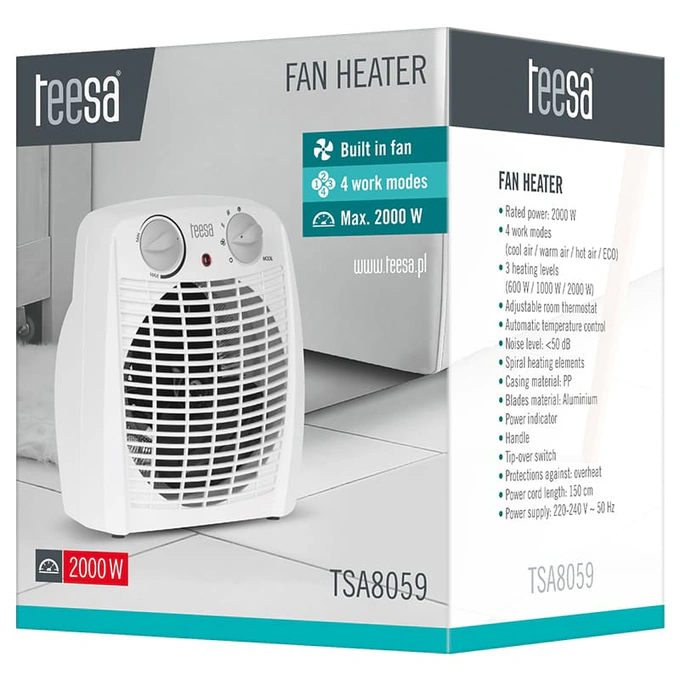 Aeroterma TEESA TSA8059, 2000 W, 3 trepte de putere, Termostat reglabil, Alb - Imagine 5