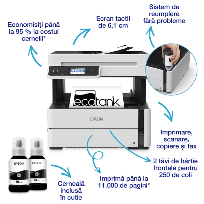 EPSON Multifunctional Epson EcoTank M3170, InkJet CISS, Monocrom, A4, Retea, Wi-Fi, Alb/Negru - IT-Fashion.ro