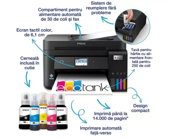Multifunctional inkjet Color CISS Epson EcoTank L6290C11CJ60404, A4, Wireless, ADF, Fax, Negru - Imagine 2