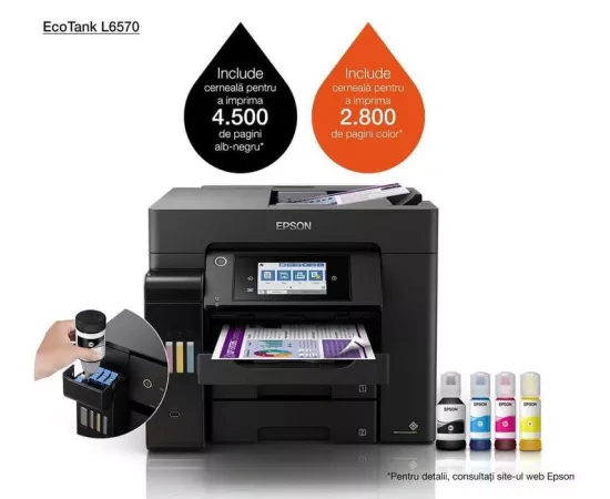 Multifunctional inkjet color CISS Epson EcoTank L6570 C11CJ29402, Duplex, Wireless, ADF, A4, Negru - Imagine 1