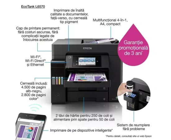 EPSON Multifunctional inkjet color CISS Epson EcoTank L6570 C11CJ29402, Duplex, Wireless, ADF, A4, Negru - IT-Fashion.ro