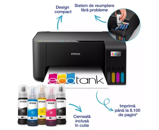 Multifunctionala inkjet CISS Epson EcoTank L3270 C11CJ67434, A4, Color, USB, Wireless, Negru