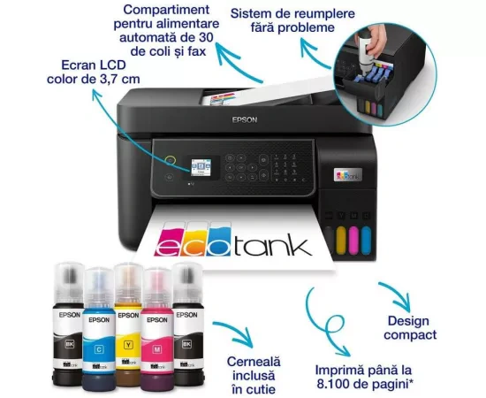 EPSON Multifuncționala Inkjet Epson EcoTank L5310C11CJ65412,  CISS, Color, A4, LAN, USB și Wi-Fi, Negru - IT-Fashion.ro