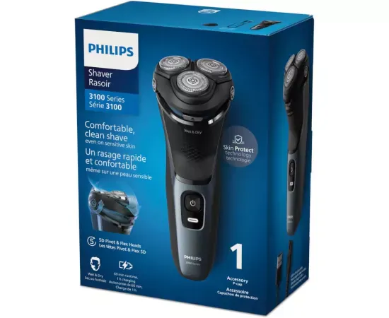 Aparat de ras PHILIPS Seria 3000 S3144/00, 60 de minute, Negru/Albastru - Imagine 3