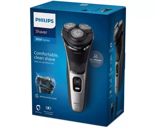 Aparat de ras rotativ electric Seria 3000 PHILIPS S3143/00, 60 minute, Negru/Gri - Imagine 5