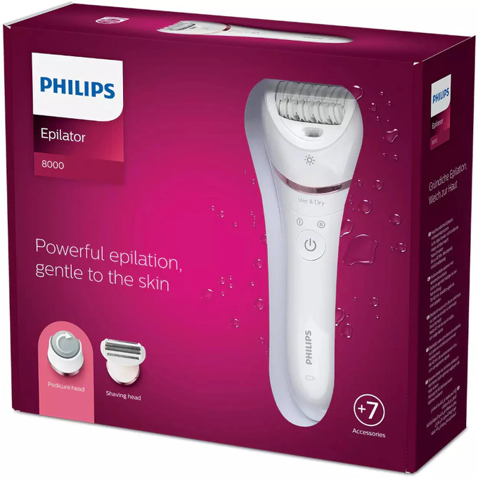 Epilator PHILIPS Seria 8000 BRE730/10, 5.4 W, 2 viteze, 32 discuri, Umed si uscat, Alb/Roz - Imagine 6