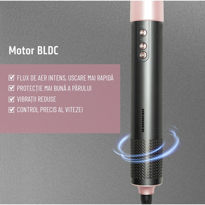 HEINNER Aparat de coafat HEINNER HAS-Y15BLDC-GY3, 1500 W, Ceramic, 3 trepte de temperatura, 3 trepte de viteza, Negru/Roz - IT-Fashion.ro