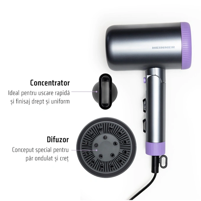 HEINNER Uscator de par HEINNER HHD-R20DC-GYV, 2000 W, 3 trepte de temperatura, 2 trepte de viteza, Gri/Mov - IT-Fashion.ro