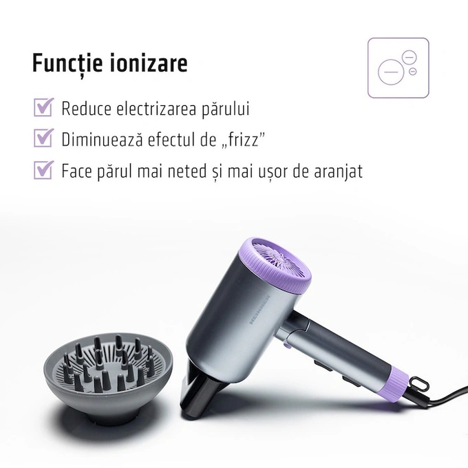 Uscator de par HEINNER HHD-R20DC-GYV, 2000 W, 3 trepte de temperatura, 2 trepte de viteza, Gri/Mov - Imagine 4