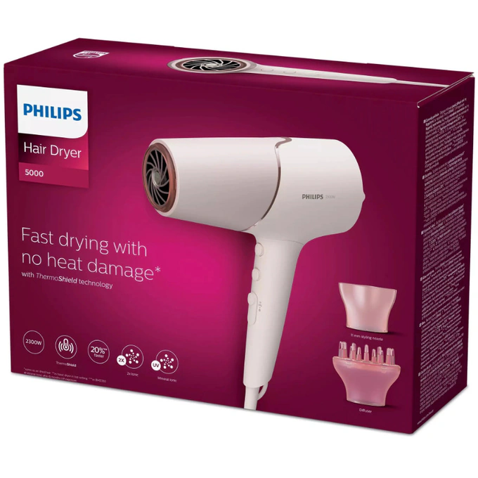 Uscator de par PHILIPS Seria 5000 BHD530/00, 2300 W, 3 trepte de temperatură, 2 trepte de viteză, Pink - Imagine 5