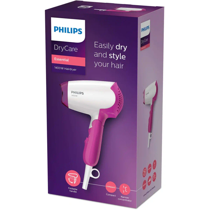 Usctor de par PHILIPS DryCare Essential BHD003/00, 2 nivele de temperatura, 2 trepte de viteza, 1400 W, Pliabil, Alb/Roz - Imagine 7