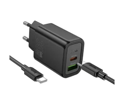 Incarcator retea HOCO N63, 30W, 1x USB-C, 1x USB-A, Black + Cablu USB-C - Imagine 1