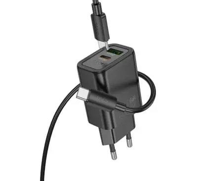 HOCO Incarcator retea HOCO N63, 30W, 1x USB-C, 1x USB-A, Black + Cablu USB-C - IT-Fashion.ro