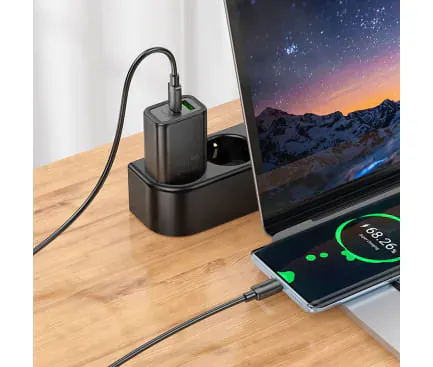 Incarcator retea HOCO N63, 30W, 1x USB-C, 1x USB-A, Black + Cablu USB-C - Imagine 3