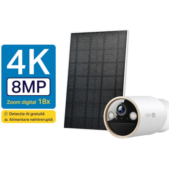 Kit camera de supraveghere + panou solar TP-Link Tapo C460 KIT, 8MP, 4K, 3840x2160, Starlight Color Night Vision, Two-Way Audio, Detectie AI, alarma luminoasa si sonora, acumulator, montare fara cabluri, baterie 10000mAh, IP66 - Imagine 1