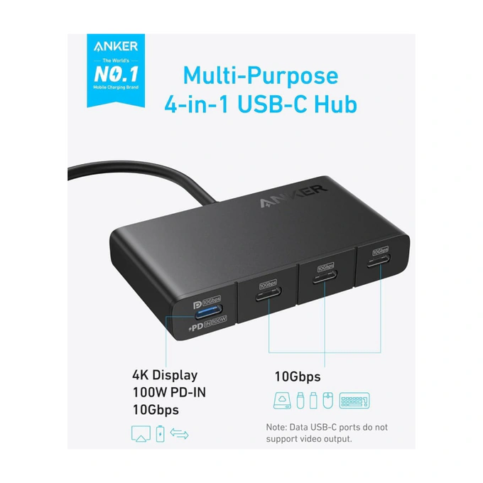 Anker Hub USB ANKER USB-C 4-in-1, 4x USB-C, Black - IT-Fashion.ro