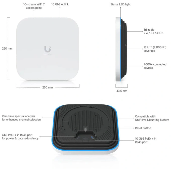 Acces Point UBIQUITI E7-EU 2.4-6GHz, 802.11 a/b/g/n/ac/ax/be + 802.3 bt, Tri-Band, Wi-Fi 7 - Imagine 6