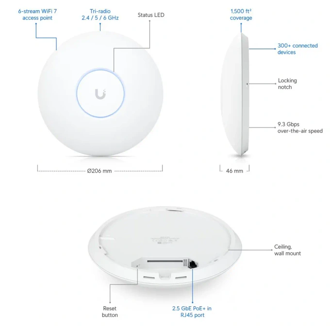 Acces Point UBIQUITI U7-PRO 2.4-6GHz, 802.11 a/b/g/n/ac/ax/be, Tri-Band, Wi-Fi 7, PoE+, port 2.5GbE - Imagine 6