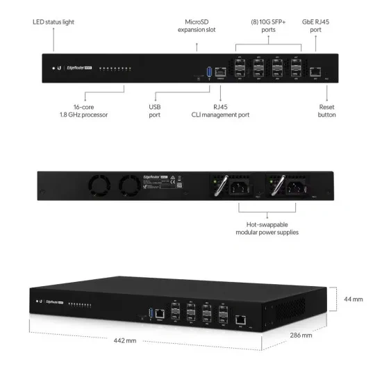 Router Ubiquiti UniFi EdgeRouter Infinity cu 8 porturi 10 Gigabit SFP+ si 1 port Gigabit RJ45, ER-8-XG, Black - Imagine 2