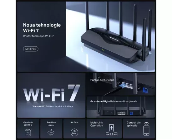 Router Wireless MERCUSYS MR47BE, Tri-Band, Wi-Fi 7, 2.4/6 GHz, 574 + 5760 Mbps, Black - Imagine 3