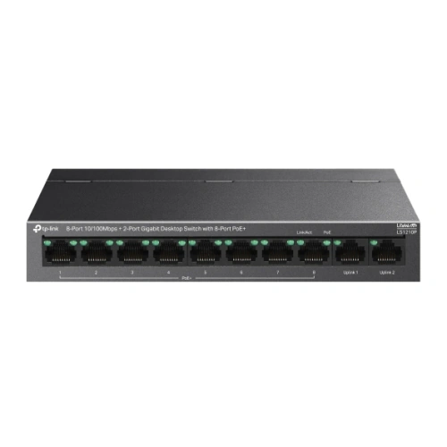 Switch TP-LINK LS1210P, 8-Port Fast Ethernet PoE+ Switch with 2 Gigabit Uplink Ports, 96W, Black - Imagine 1