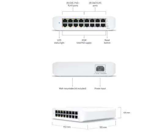 Switch UBIQUITI Unifi USW-LITE-16-POE, 16 porturi, PoE, L2, Alb - Imagine 3