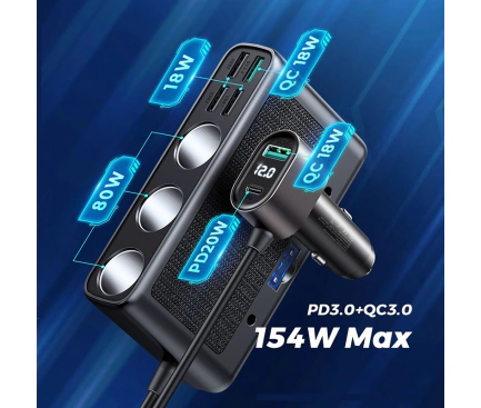 Joyroom Incarcator auto JOYROOM JR-CL06, 154W, 4 x USB-A, 1 x USB-C,  Extensie Bricheta, Negru - IT-Fashion.ro