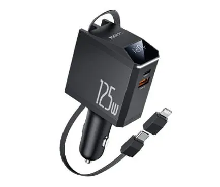 Incarcator auto YESIDO Y71, Display, 125W, 1 x USB-A, 1 x USB-C, Cu cablu USB-C / Lightning, Black - Imagine 1