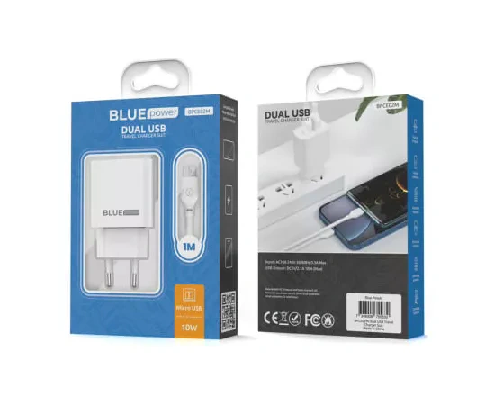 Incarcator retea BLUE POWER BPCE02M, 10.5W, 2 x USB-A - Cablu microUSB, White - Imagine 3